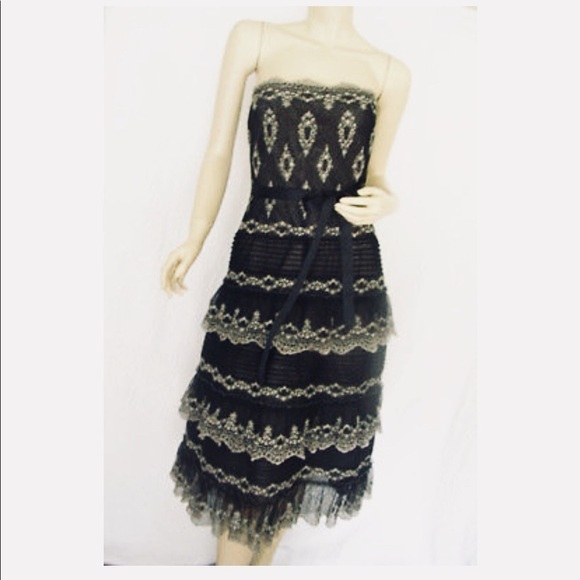 BCBGMaxazria |Tiered Black & Ivory Strapless Dress - Picture 2 of 8